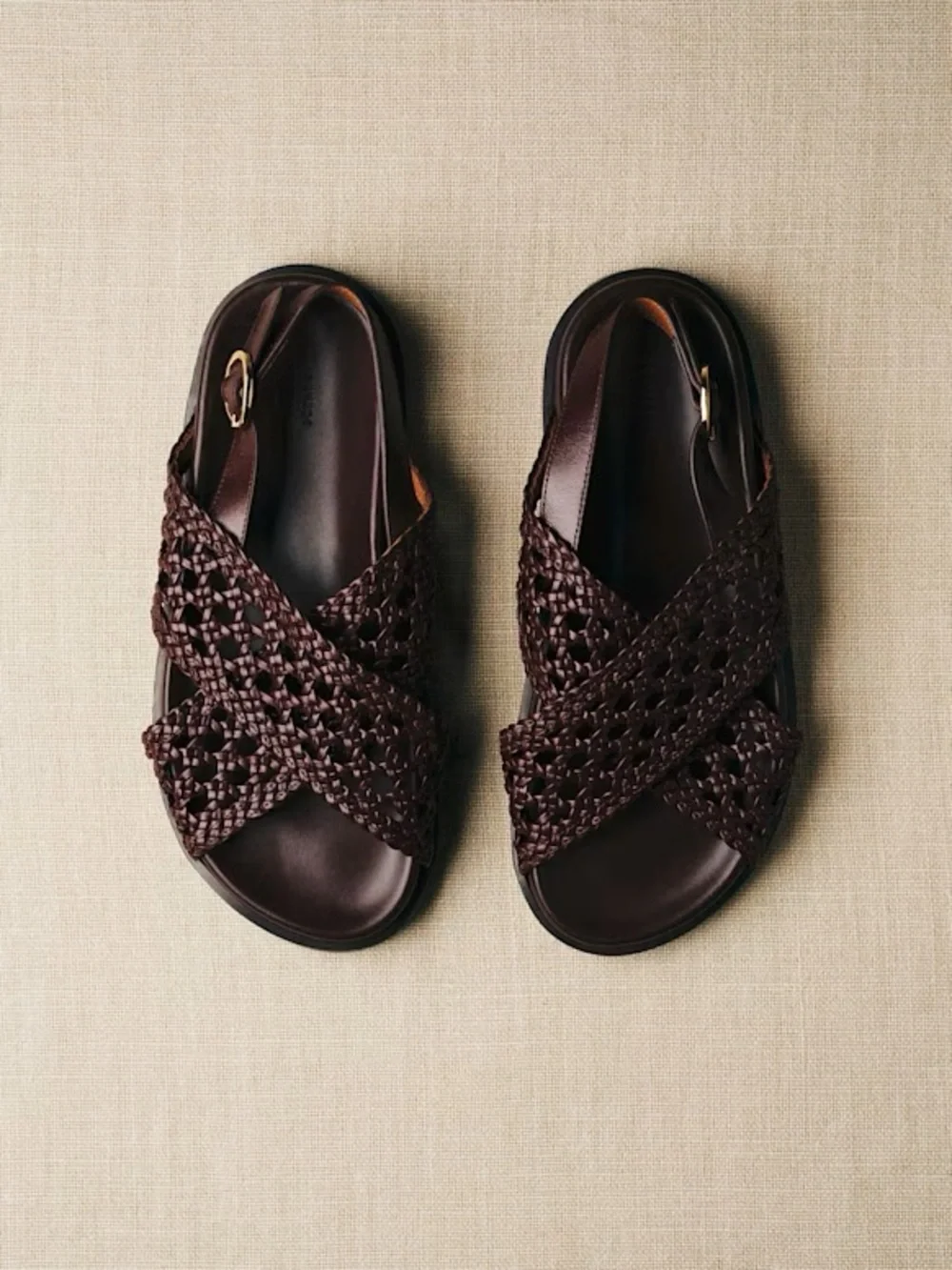 Sezane Tilda Low Sandals Size 9 Brown Smooth Woven Leather Flats Buckle Shoes - Picture 2 of 7